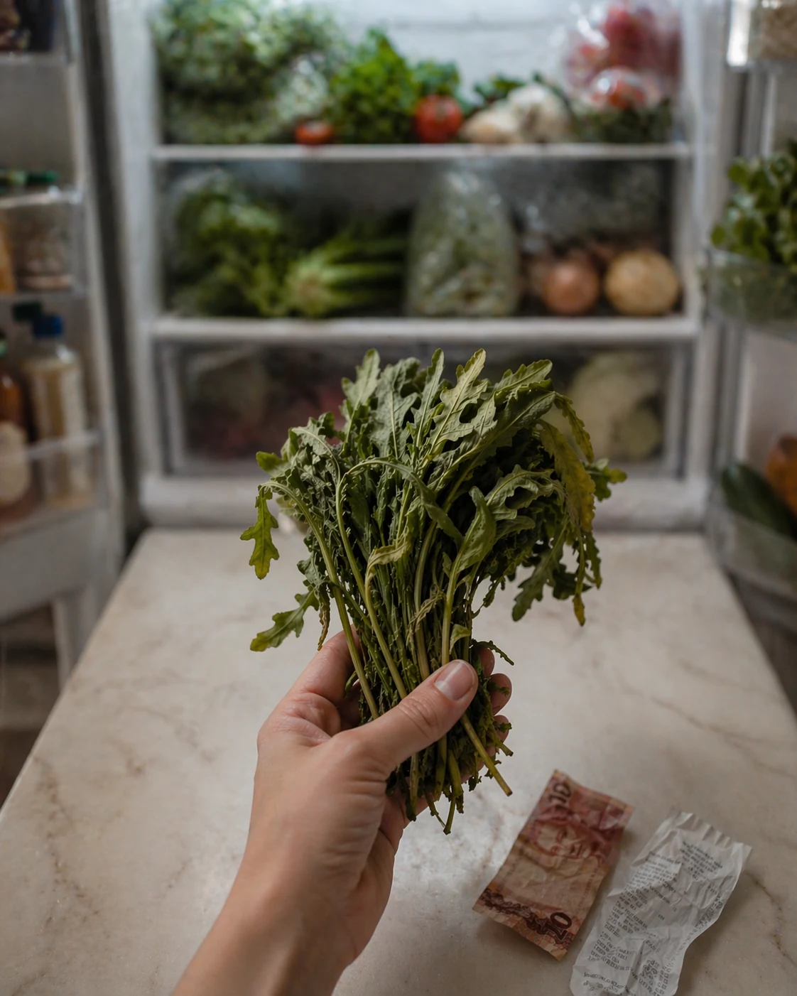 Vegetais murchos e mal conservados comprados no mercado